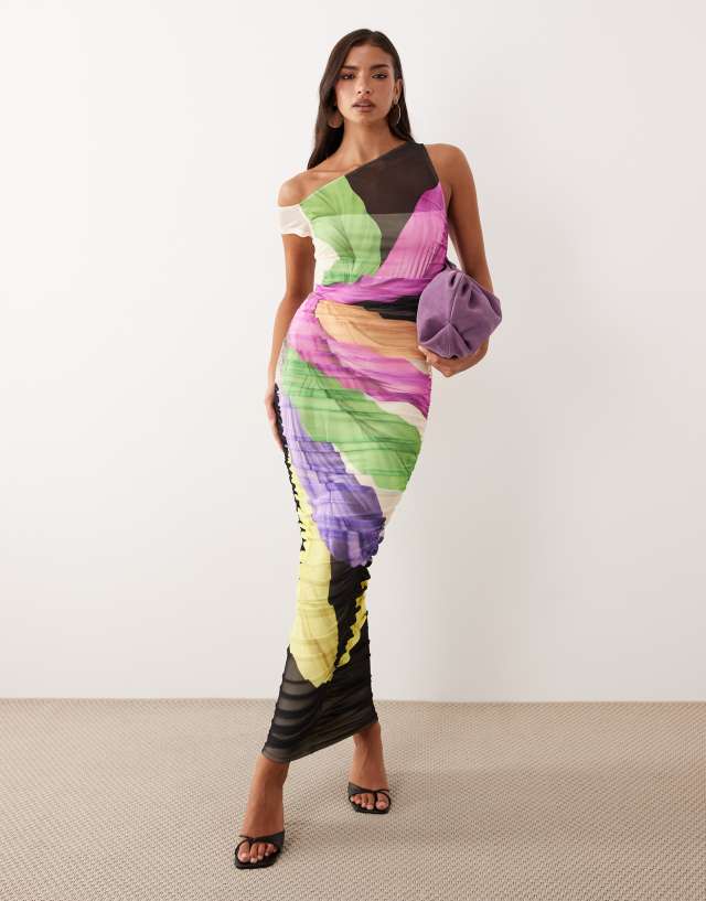 afrm biona asymmetrical ruched dress asymmetric one shoulder midi in bright feather print color_code:Holiday Plaid Ankle Length Lace Wedding Size:US 14W