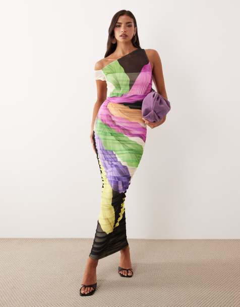 AFRM Biona robe longue asymétrique à une épaule froncée à imprimé faux-feather vif - view 1