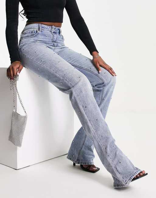 AFRM - Blå boyfriend-jeans med lige ben, mellemhøj talje og nitter