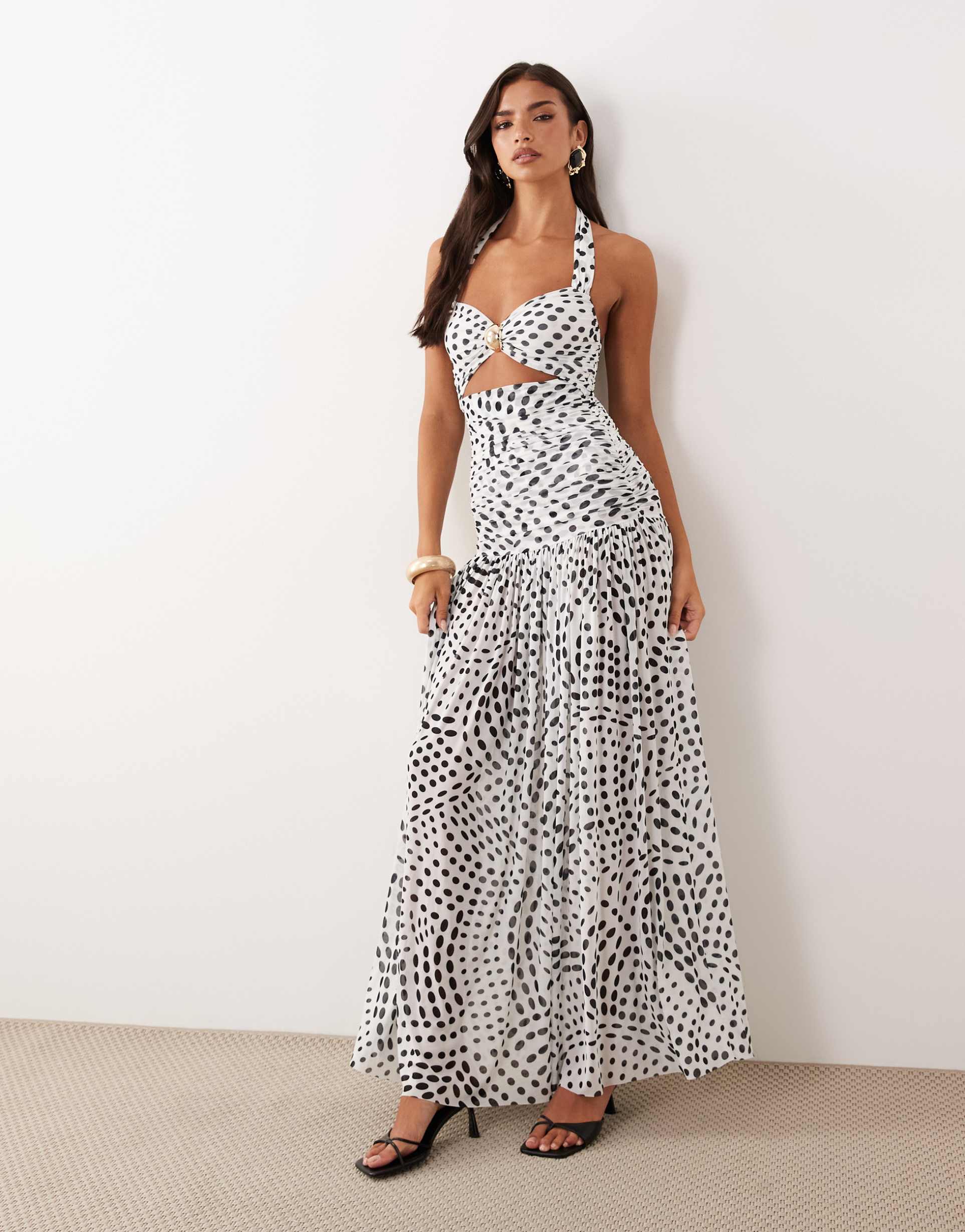 afrm blane halter neck hardware detail cut out maxi dress in white polka dot