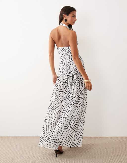 AFRM Blane halter neck hardware detail cut out maxi dress in white polka dot, 3 of 4