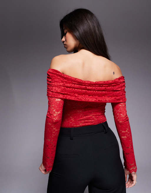 AFRM - Body en dentelle à épaules dénudées et manches longues - Rouge coquelicot, 2 de 4