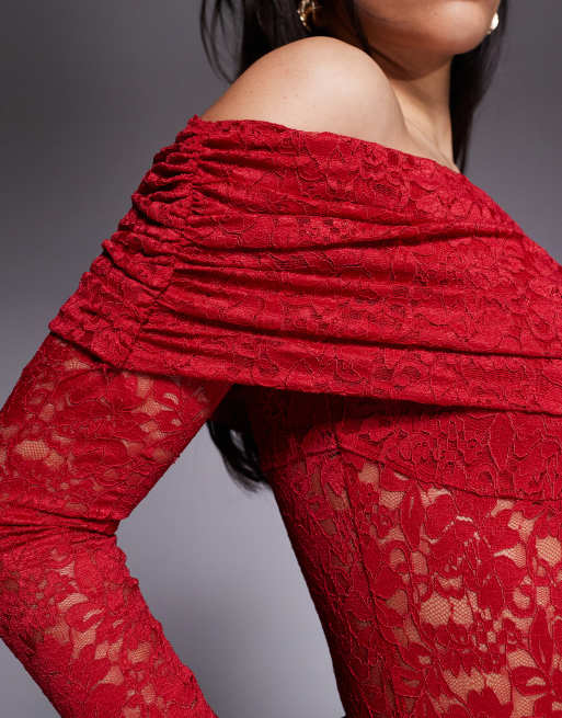 AFRM - Body en dentelle à épaules dénudées et manches longues - Rouge coquelicot, 3 de 4