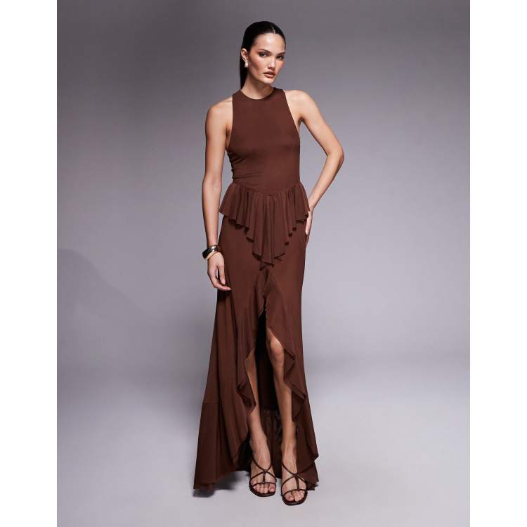 AFRM Bovina mesh drop hem ruffle maxi dress in cappuccino | ASOS