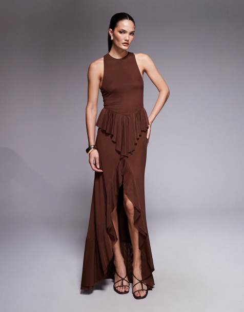 AFRM Bovina mesh drop hem ruffle maxi dress in cappuccino