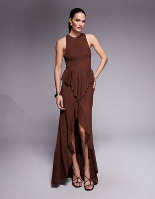 Afrm Bovina Mesh Drop Hem Ruffle Maxi Dress In Brown
