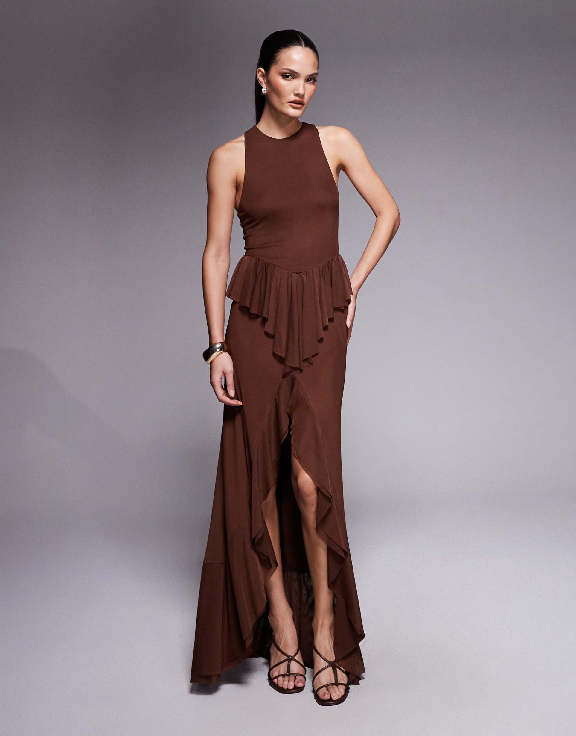 afrm bovina mesh drop hem ruffle maxi dress in cappucino