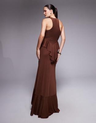 Afrm Bovina Mesh Drop Hem Ruffle Maxi Dress In Brown