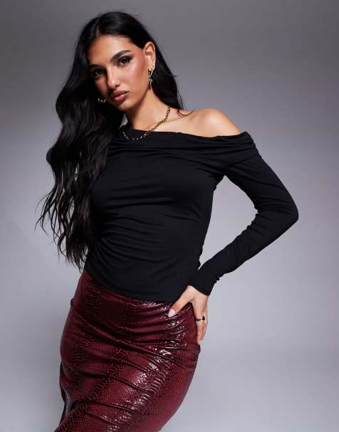 AFRM Bria long sleeve top with asymmetrical neckline in crepe knit in black - view 1