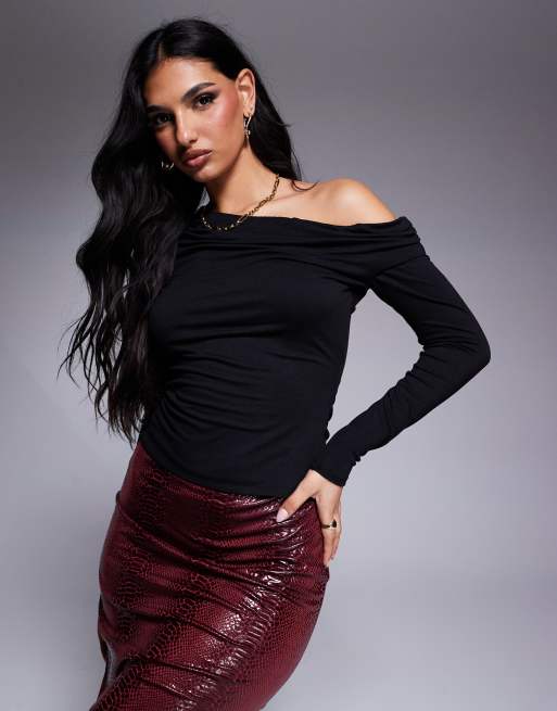 AFRM Bria long sleeve top with asymmetrical neckline in crepe knit in black