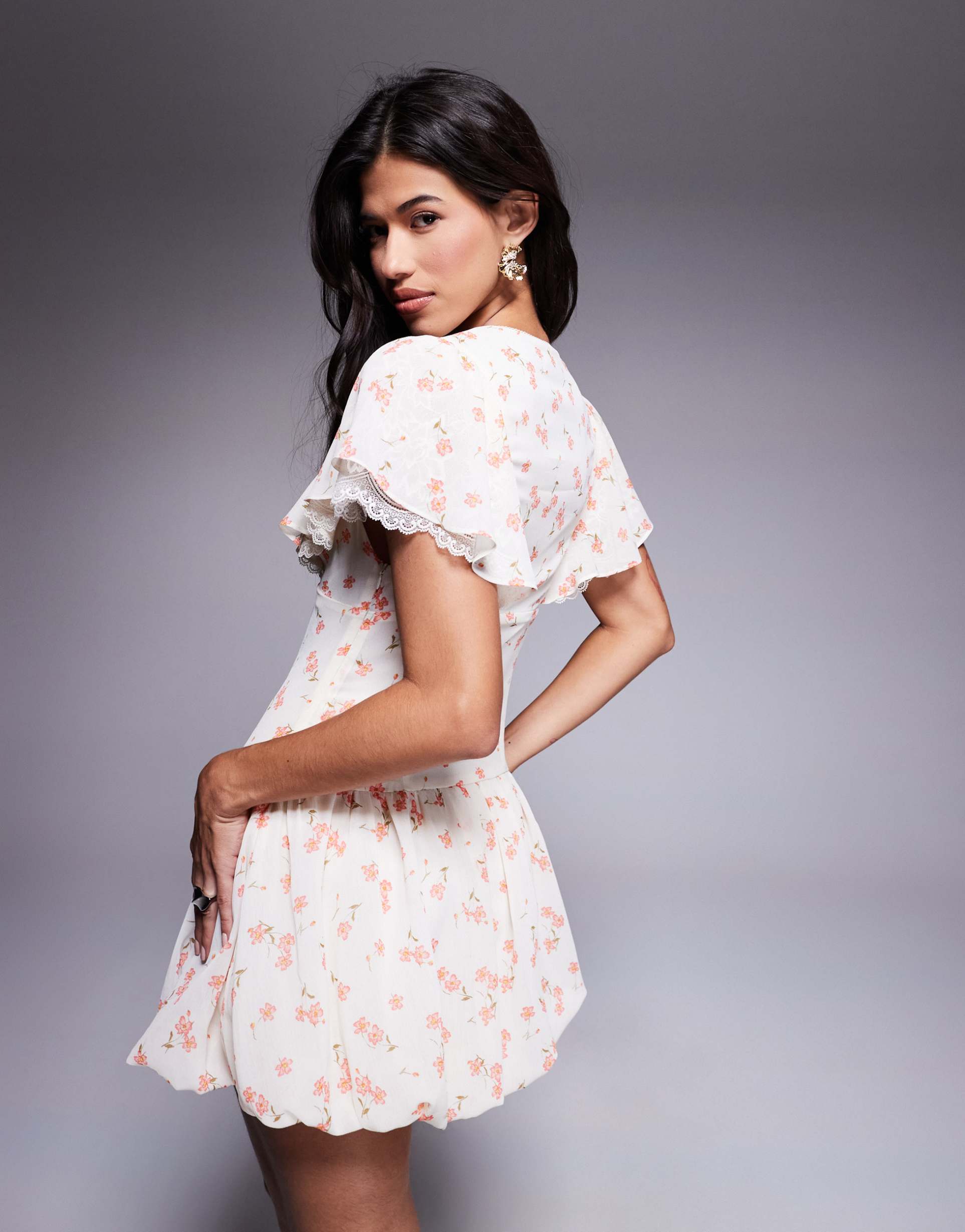 afrm bubble skirt mini dress with ruffle sleeve in pink floral