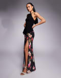 [AFRM] AFRM built-in hotpant thigh split maxi skirt in black summer rose XS NOIR ROSE