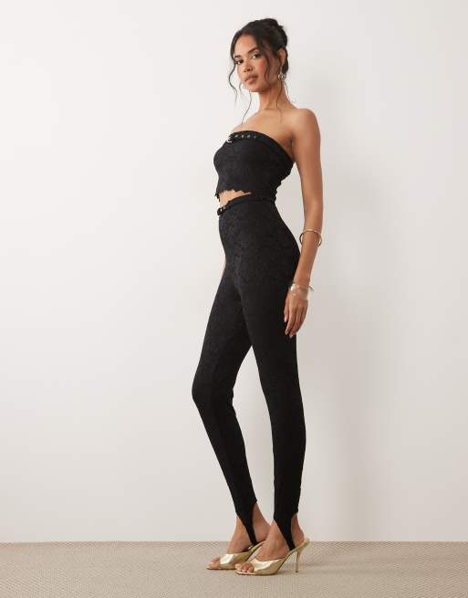 AFRM silken lace belted bandeau crop top and lace leggings set in black, 2 of 3