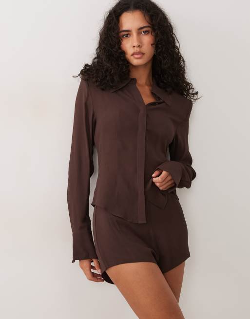AFRM mini shorts and shirt co-ord set in chocolate, 3 of 3