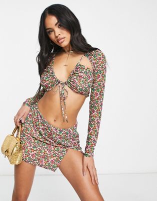 AFRM Charmin co-ord long sleeve ruched front mesh top in floral