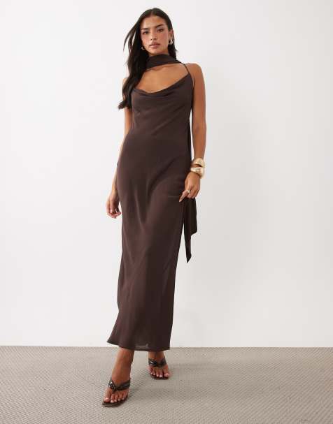 AFRM Cheryl crepe cowl neck scarf detail cross back maxi dress in chocolate