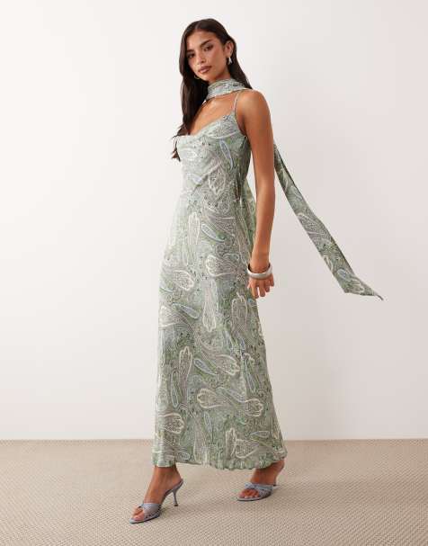 AFRM Cheryl embellished scarf neck cross back detail maxi dress in aqua print - view 1