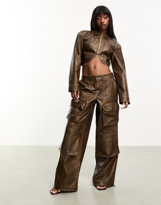 AFRM collins co-ord low rise cargo trousers in brown acid wash faux leather