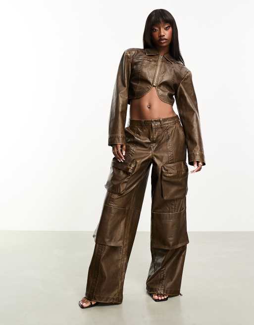 AFRM - Collins - Pantalon cargo d'ensemble à taille basse en similicuir - Marron délavé
