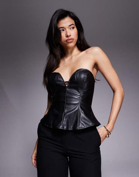 AFRM - Corset à basque en imitation cuir avec décolleté en cœur - Noir - view 1