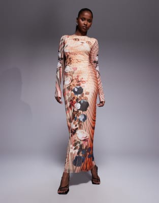AFRM AFRM crewneck long sleeved maxi dress in kitten check print-Multi