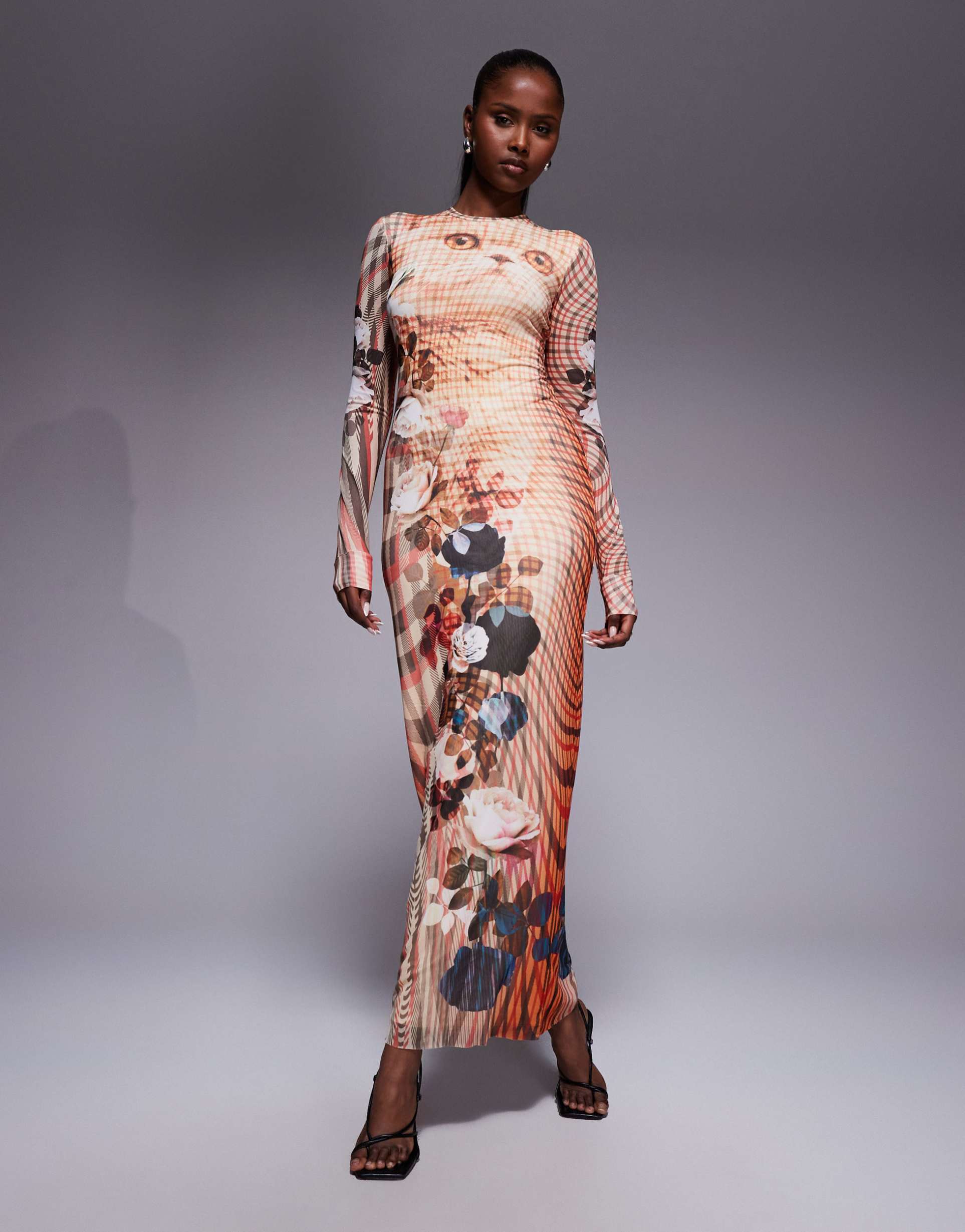 afrm crewneck long sleeved maxi dress in kitten plaid print