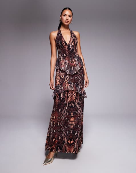 AFRM crochet lace halterneck maxi dress with ruffled in snake print - view 1