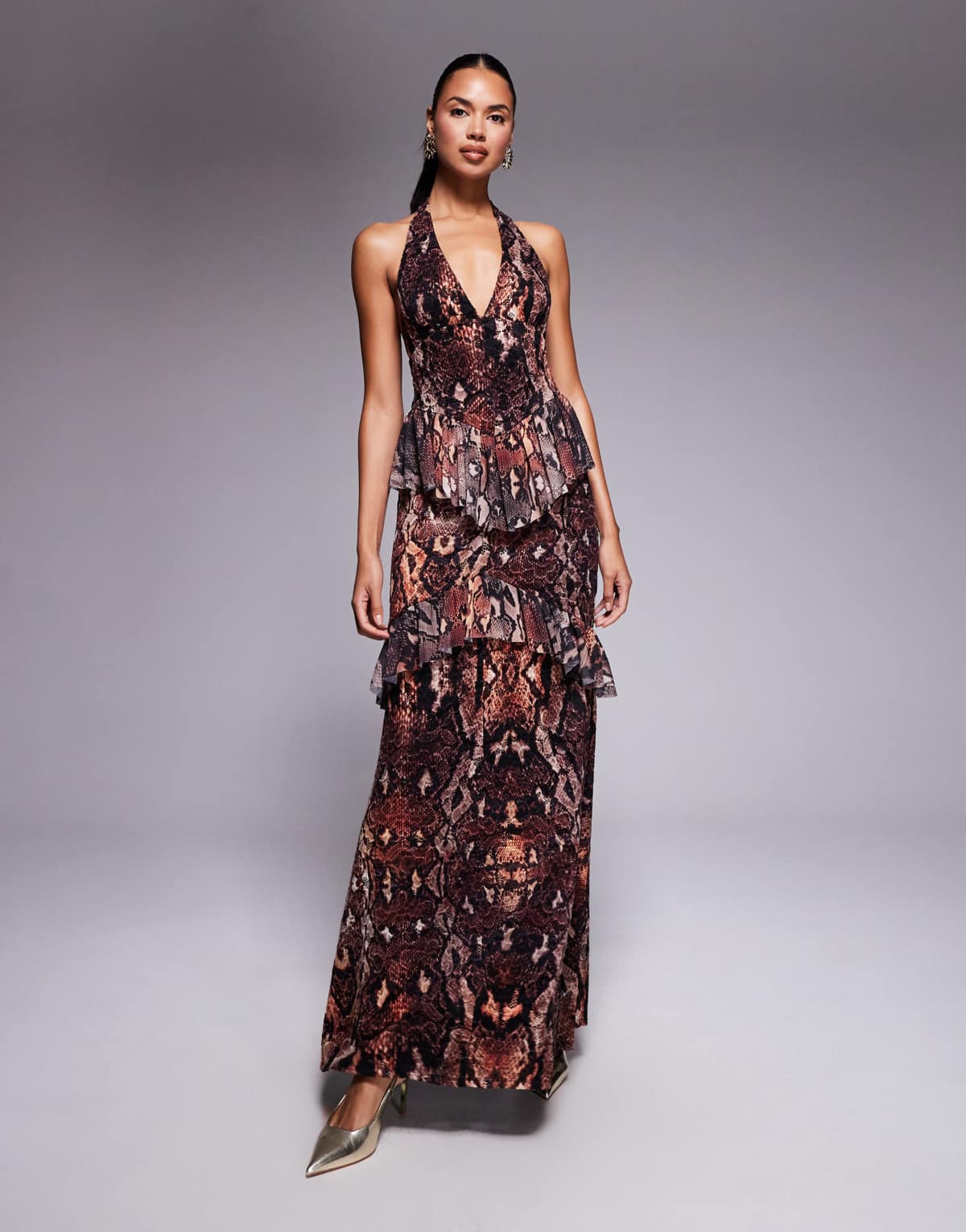 AFRM crochet lace halterneck maxi dress with ruffled in snake print