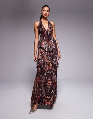 Afrm Crochet Lace Halterneck Maxi Dress With Ruffles In Brown