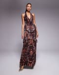 [AFRM] AFRM crochet lace halterneck maxi dress with ruffles in snake print-Multi S Snake Print