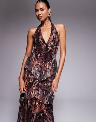 Afrm Crochet Lace Halterneck Maxi Dress With Ruffles In Brown