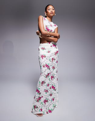 crochet lace maxi skirt in rose floral - part of a set-White