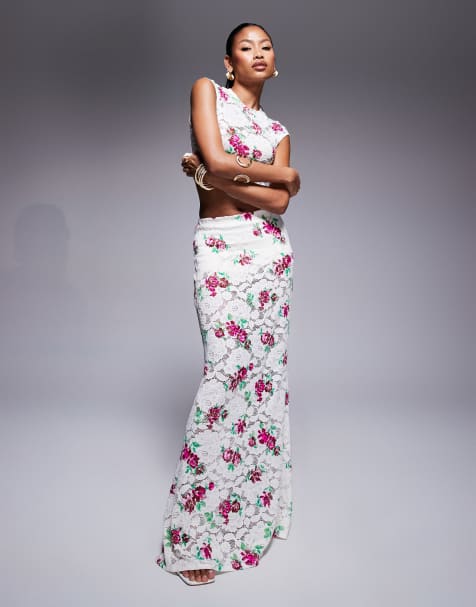 AFRM crochet lace maxi skirt co-ord in rose floral