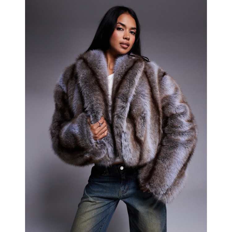 AFRM cropped faux fur jacket in brown stripe | ASOS