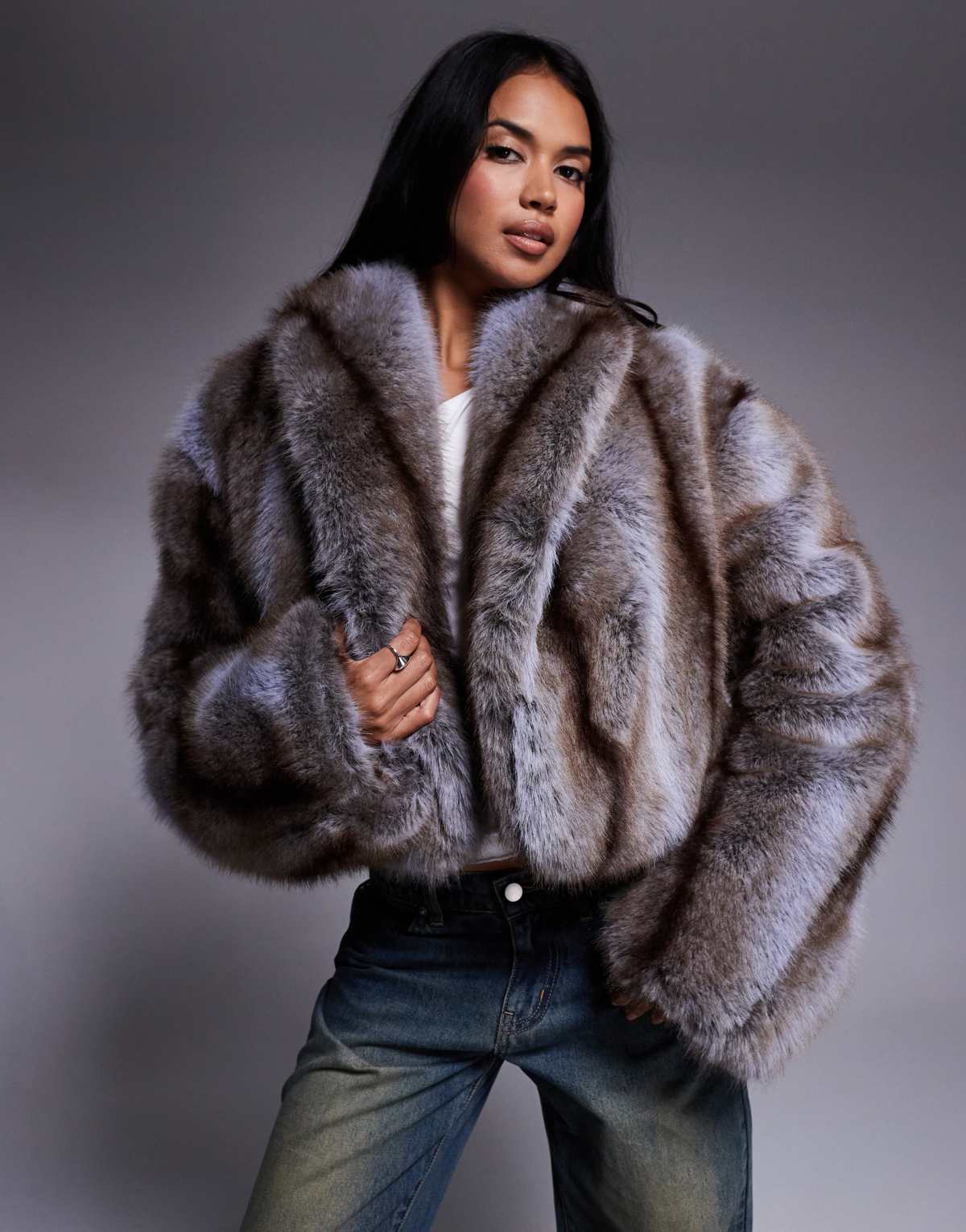 AFRM cropped faux fur jacket in brown stripe