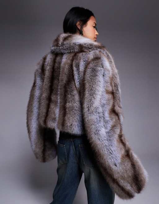 AFRM cropped faux fur jacket in brown stripe