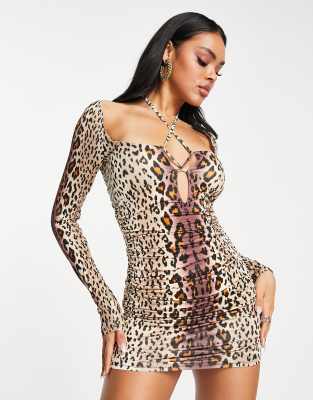 Afrm Cut Out Long Sleeve Knit Mini Dress In Leopard Print-multi