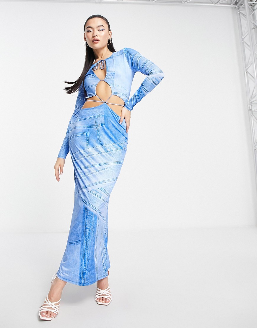 Afrm Cut Out Midi Dress In Blue Denim Print