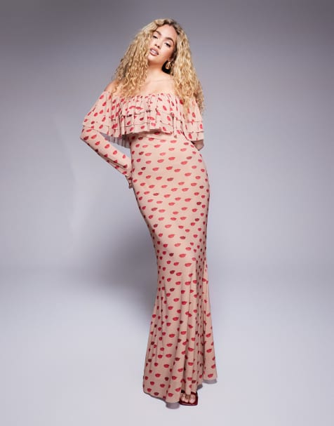 AFRM - Dahlia - Robe longue à épaules dénudées et volants - Amande à imprimé bouche - view 1