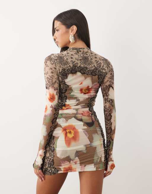 lace floral bodycon dress AFRM Darcie mesh mock neck mini in brown You can also choose