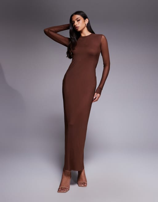 AFRM Didi long sleeve mesh midaxi dress in cappucino