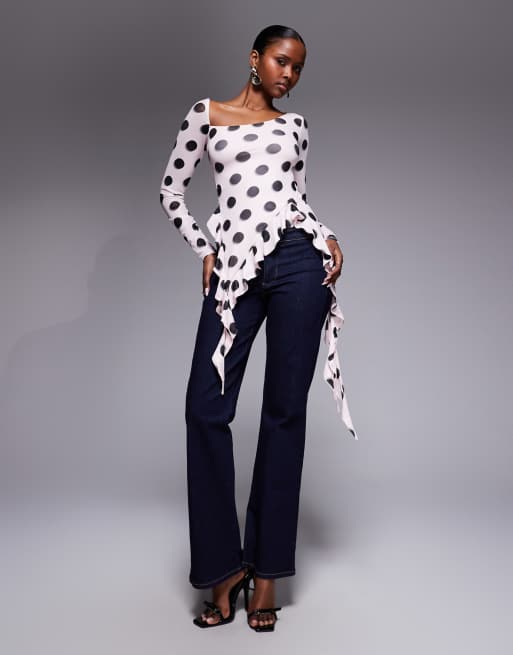 AFRM Doris asymmetric ruffle drape detail top in pink oversized polka dot, 2 of 4