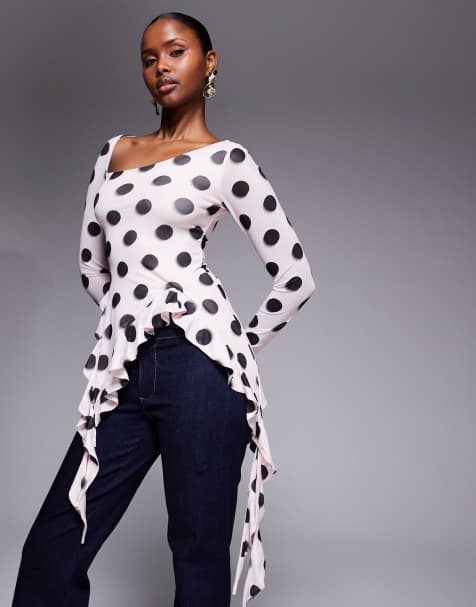 AFRM – Doris – Różowy drapowany top oversize w groszki z asymetryczną falbanką - view 1