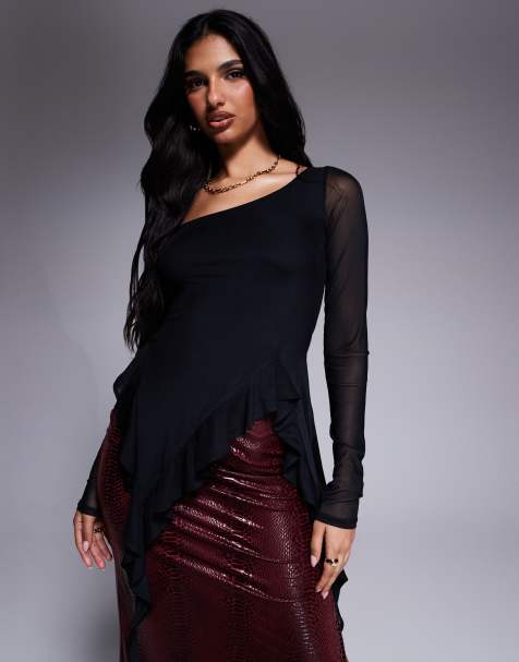 AFRM – Doris – Svart, långärmad topp i mesh med asymmetrisk design - view 1