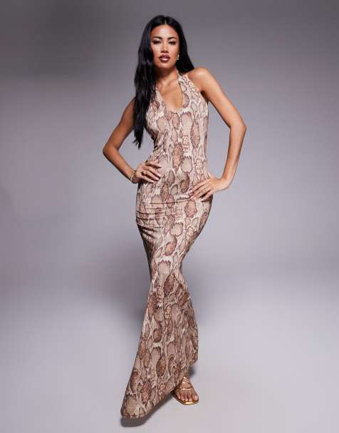 AFRM drape back mesh maxi dress in brown snake print - view 1