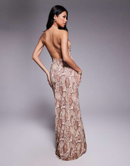 AFRM drape back mesh maxi dress in brown snake print