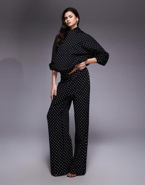 AFRM Dustin v waist wide leg tracksuit bottoms co-ord in black polka dot - view 1
