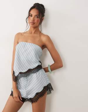 AFRM Dyanah stretch satin bandeau asymmetric lace hem top co-ord in soft blue stripe