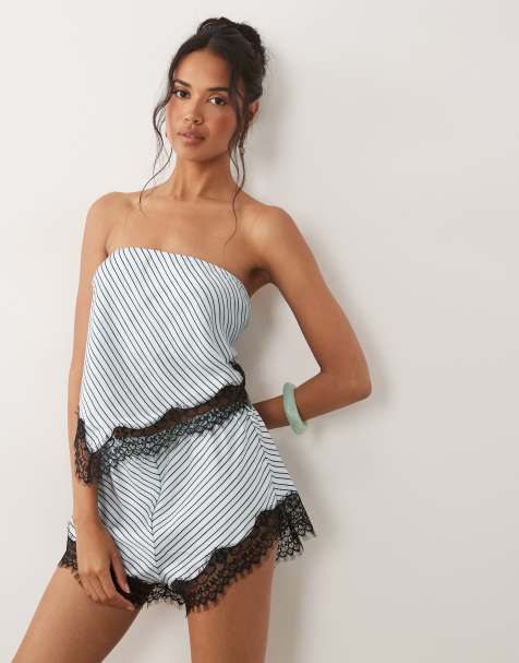 AFRM Dyanah stretch satin bandeau asymmetric lace hem top in soft blue stripes - part of a set - view 1