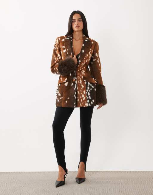 AFRM Edel faux fur structured shoulder pad pinched waist blazer in brown deer print, 3 of 4
